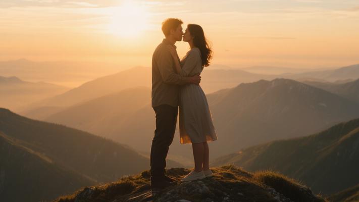 黄金时段情侣山顶亲吻拥抱的高清素材镜头