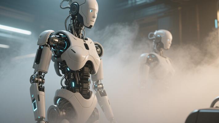 未来派机器人激光雾中变形高清素材镜头文案