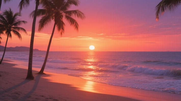 海滩日落与棕榈树高清视频素材镜头文案