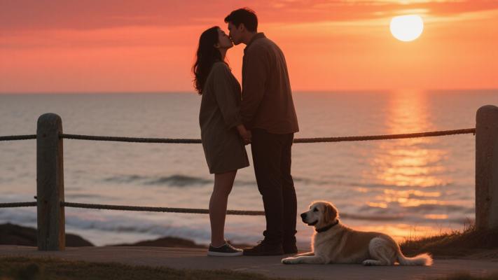 带狗情侣围栏上看日落深情亲吻的高清素材