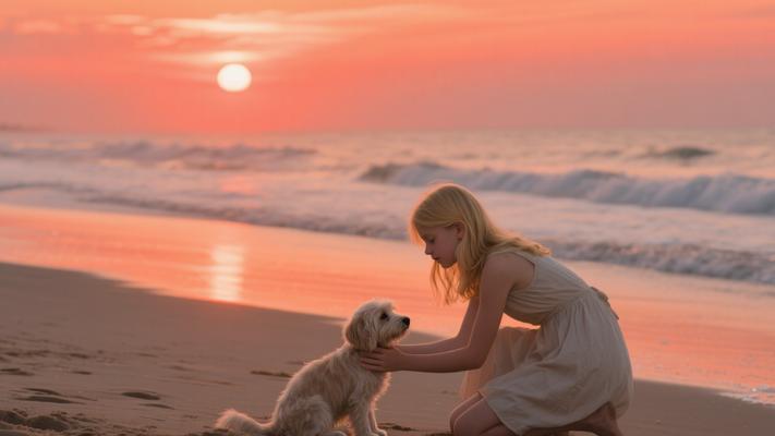 日落海滩金发女孩温柔抚摸小狗高清素材