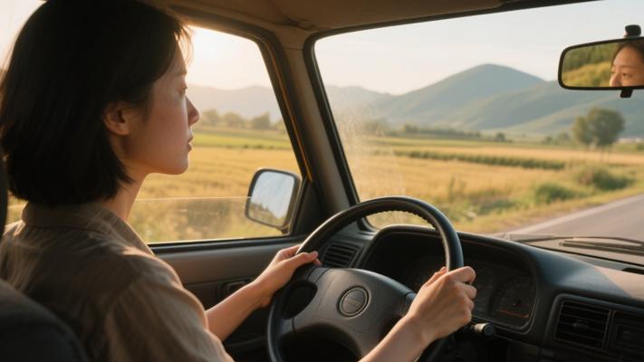 农村道路上女人驾车手握方向盘电影镜头素材