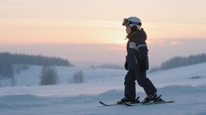 冬日黄昏穿滑雪装备孩子雪地行走素材
