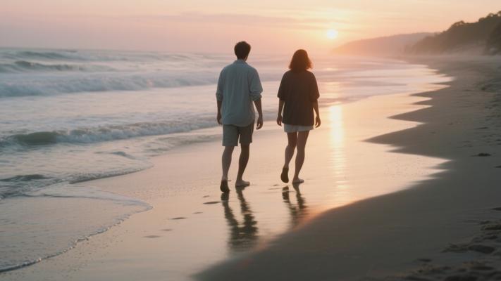 日落沙滩散步慢镜头高清视频素材