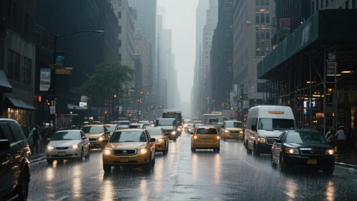 纽约雨夜街头繁忙交通高清镜头素材
