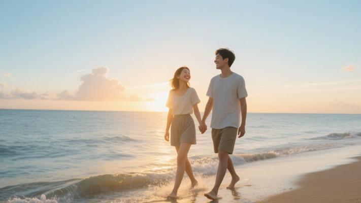 恩爱情侣与浪漫海滩漫步的温馨镜头