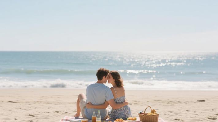 高清恩爱情侣海滩浪漫约会拥抱野餐镜头素材