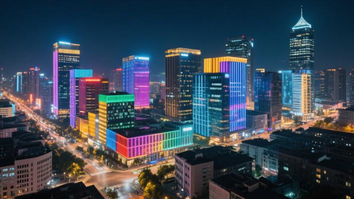 城市中心多彩现代建筑夜晚动态灯光素材