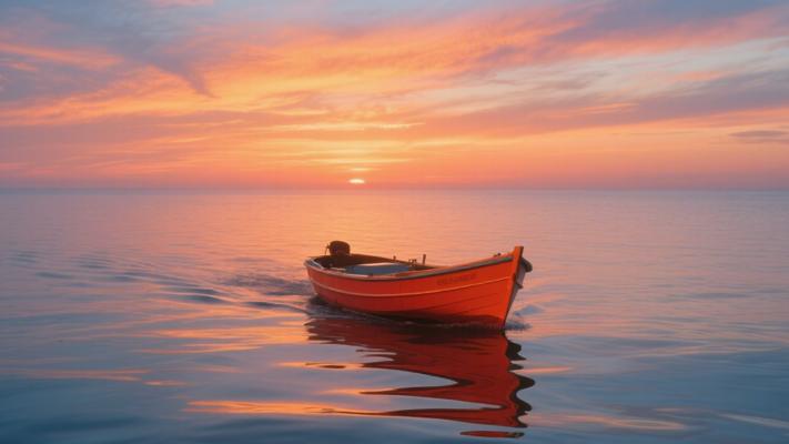 日落时海上航行小船与平静大海素材