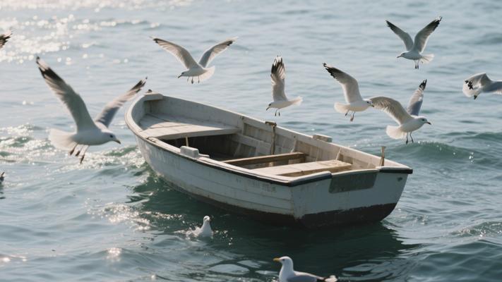 海上海鸥与空船慢动作高清镜头素材