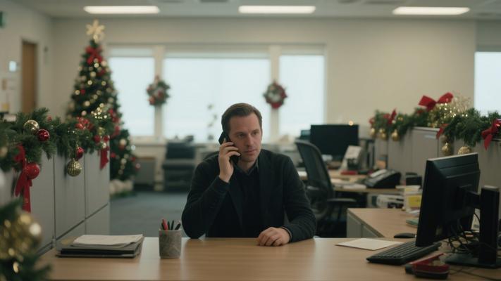 圣诞节办公桌前男子手机聊天中镜头素材