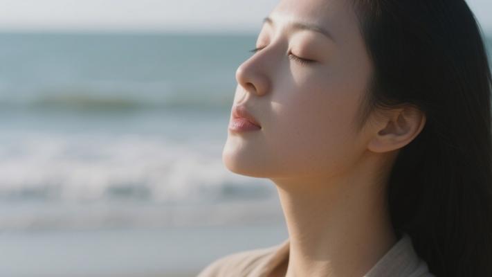 海边闭眼沉思宁静女人特写高清素材