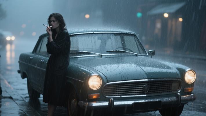 雨中复古车旁女士抽烟高清镜头素材