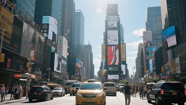 阳光明媚下时代广场人车景交融高清素材