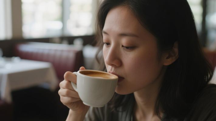 餐馆女士拿咖啡闻香特写高清素材文案