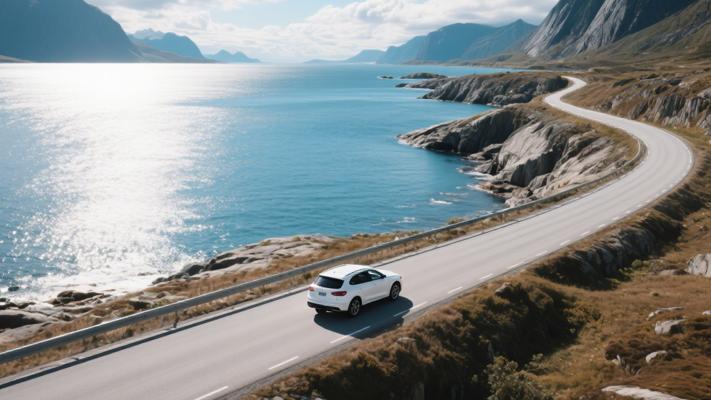 航拍罗弗敦海岸汽车行驶道路素材