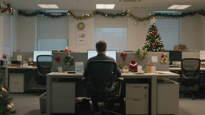 圣诞节前夕办公室电脑前工作场景中镜头素材