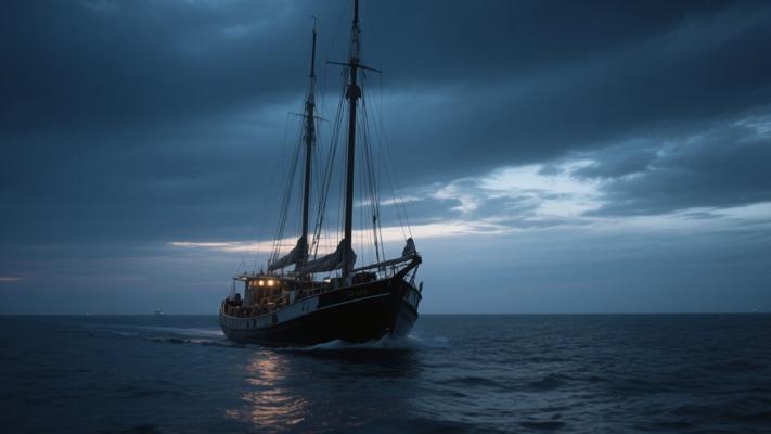 夜晚变幻天空下船只海上航行高清素材镜头文案