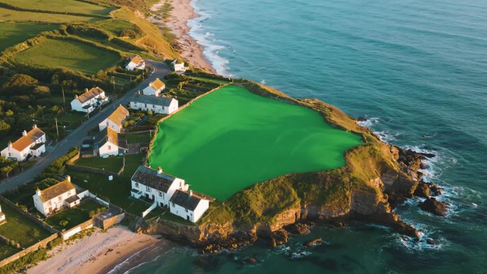 绿幕航拍海岸线附近小村庄高清素材