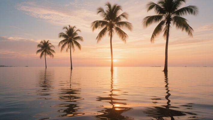 日出日落间水中矗立的棕榈树素材