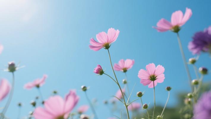 视频剪辑高清粉红色小花微风紫花蓝天素材文案