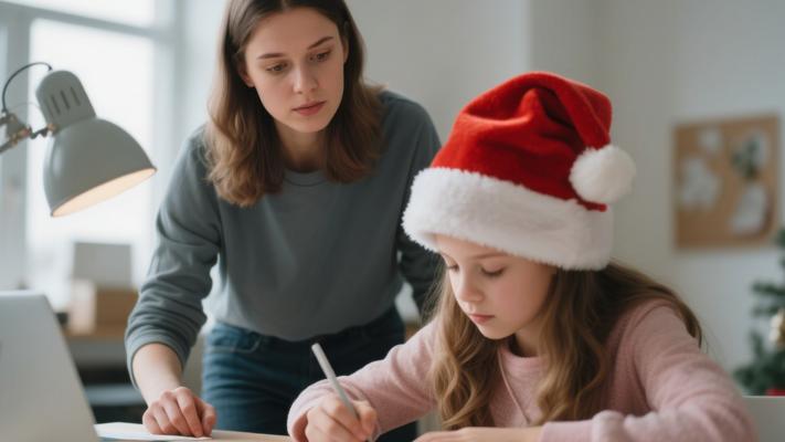 年轻女子监督戴圣诞帽女孩创意工作镜头文案