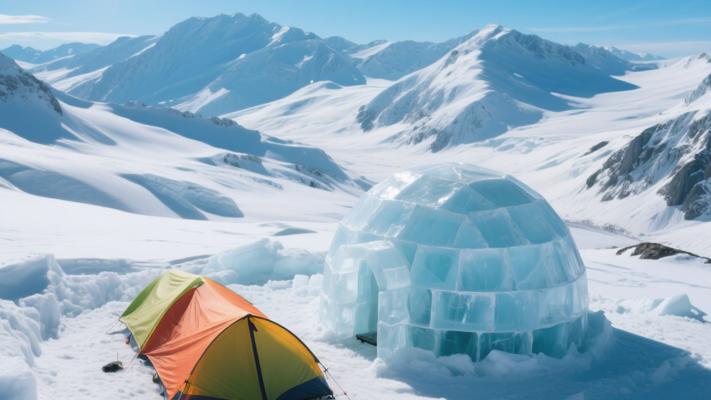 空中视角山区冰屋帐篷高清素材镜头文案
