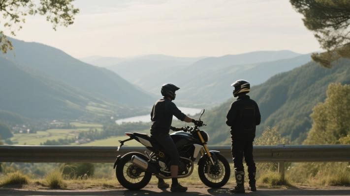 骑行者与摩托车手风景驻足高清镜头素材