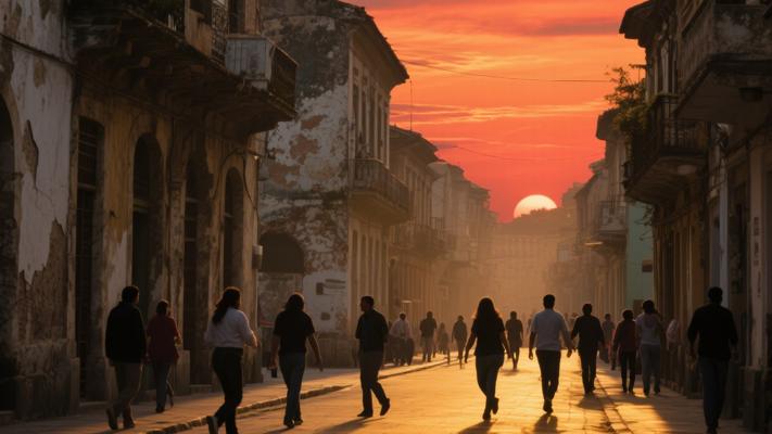 黄昏街道与老建筑行人交织的暮色镜头