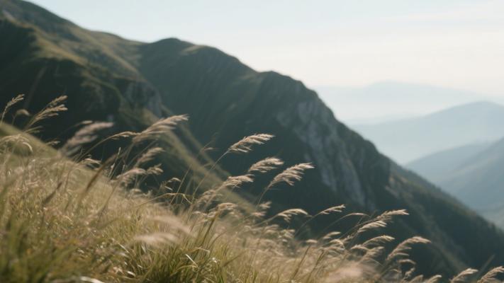 潘宁拍摄山边草被风吹动镜头文案