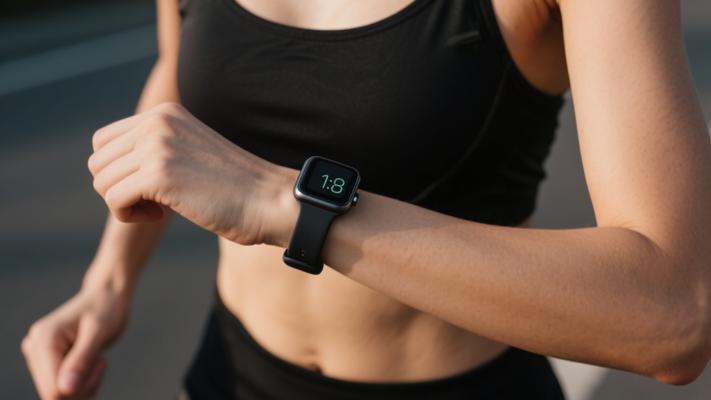 穿黑运动服女跑者智能手表倒计时高清素材