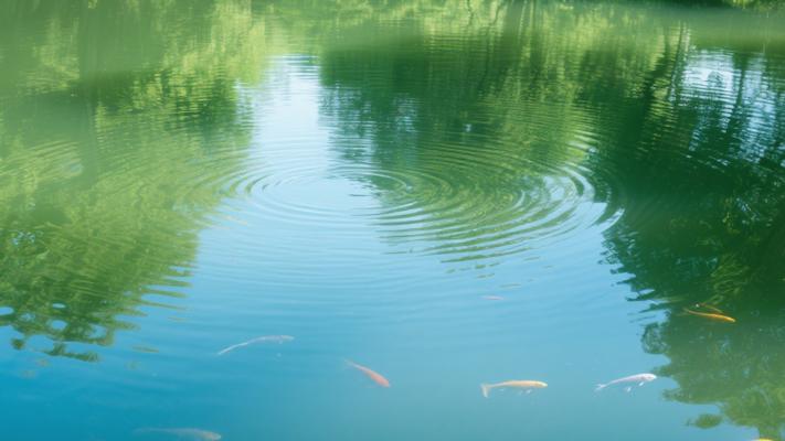 池塘水波中绿树倒影与游鱼高清素材