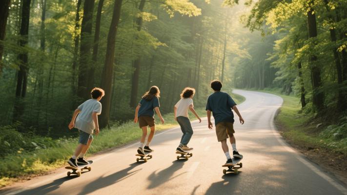 朋友们森林道路滑板追踪镜头高清素材