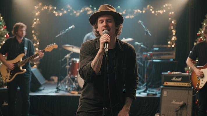 圣诞节摇滚乐队戴帽歌手舞台表演高清素材