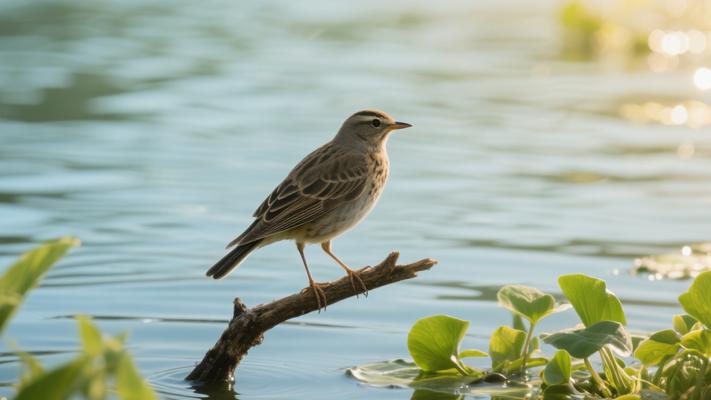 湖中小枝上飞鸟栖息高清静态镜头素材
