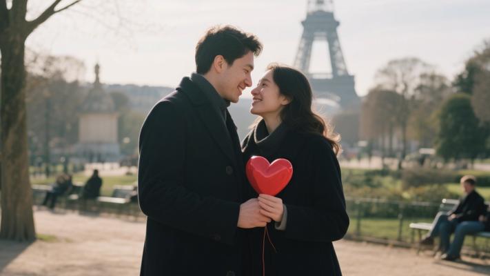 情人节巴黎公园情侣合影高清素材