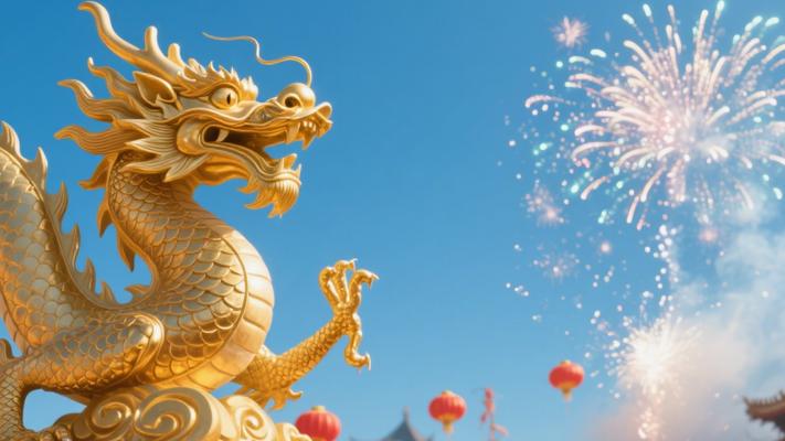 蓝天之下新年庆典金龙雕像伴烟花素材