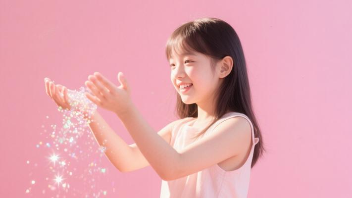 女孩粉色背景洒闪光手高清视频素材镜头文案