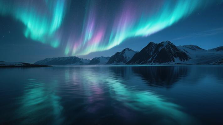 夜空中北极光映照水面山脉高清素材