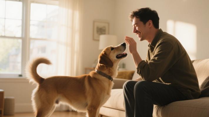 男人与宠物狗互动生活方式高清素材镜头