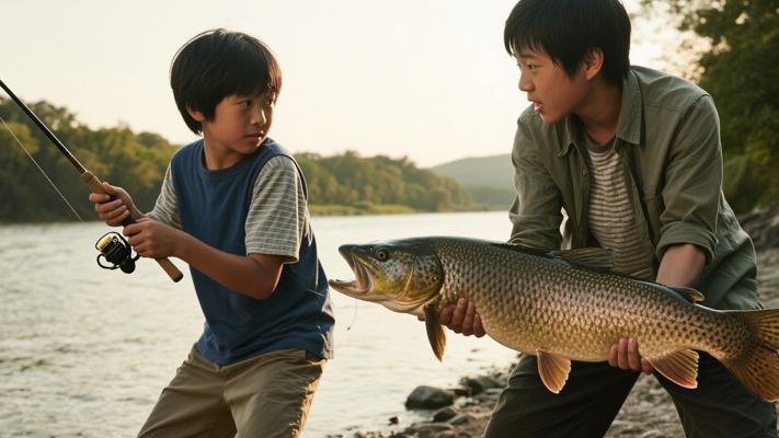河边较量：父子俩钓起的成长大鱼