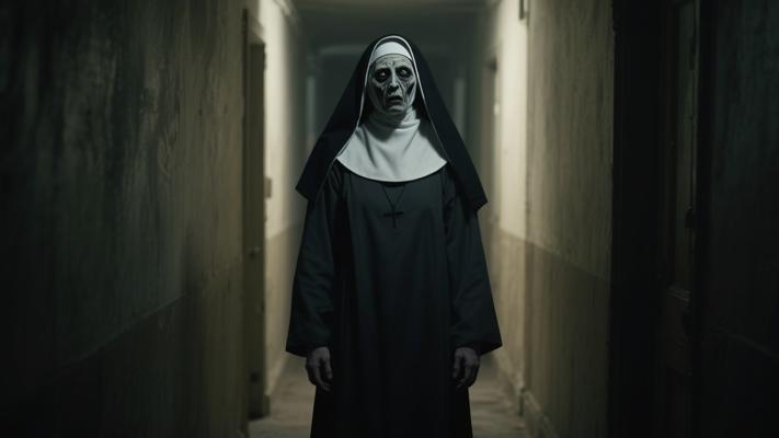 恐怖幽灵修女走廊惊魂凝视镜头素材