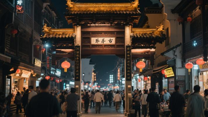 夜晚繁忙街道中国灯光传统门下素材文案