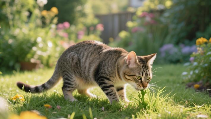 花园中猫咪悠闲吃草的高清镜头素材