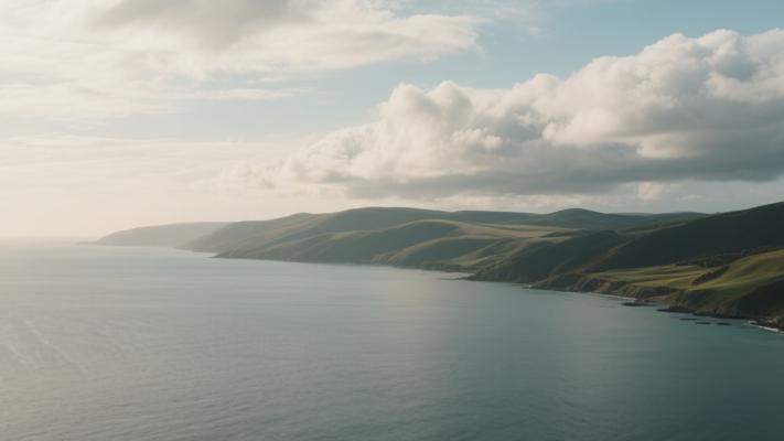 高清地平线海景与山丘多云天空视频素材