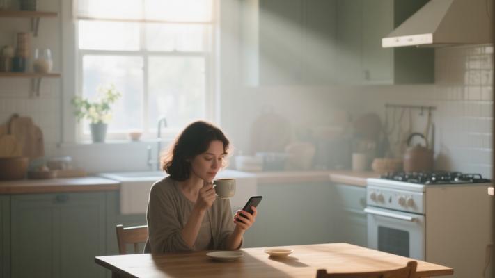 清晨厨房女士喝咖啡看手机高清素材