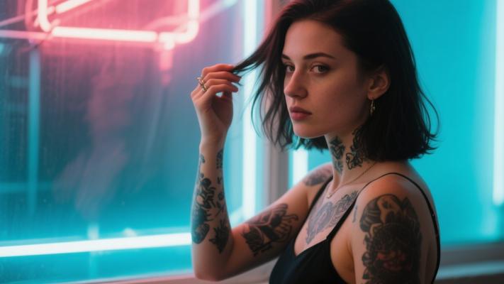 纹身女子霓虹窗边拨发高清素材镜头文案