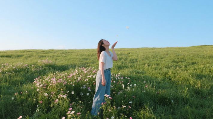 无人机拍摄女子向天空吹飞吻的高清素材镜头