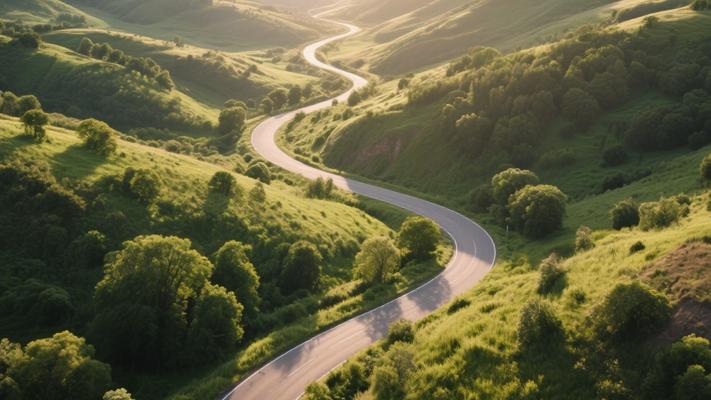 无人机航拍穿越山丘道路高清素材