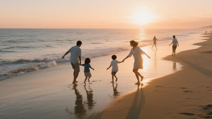 海滩日落家人欢乐时光倾斜镜头素材